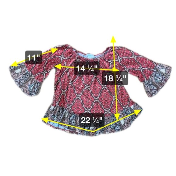 Style & Co Blouse Small Petite Bohemian Floral Bell Sleeve Red Gray Ruffled Boho - Picture 7 of 7